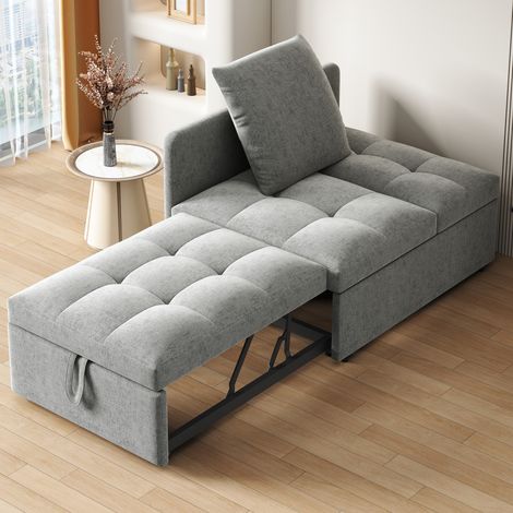 REDOM Canapé convertible 3 en 1 dossier réglable 5 positions, coussin inclus, tissu lin gris 177x68x65 cm (1/5)