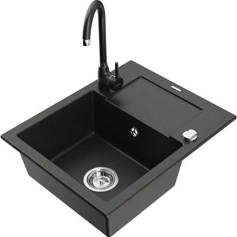 Mexen Enzo évier en granit 1 bac avec égouttoir et robinet de cuisine Telma, noir/or - 6506-75-670200-70 (1/5)