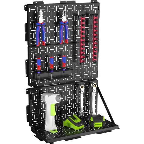 WORKPRO Panneau Perforé Métallique Mural Pliable Noir 40 x 40 cm, Lot de 2 Pegboards en Acier avec Trous Ronds et Fentes Verticales, Organisateur d’Outils pour Bureau, Atelier et Salle de Loisirs Créa
