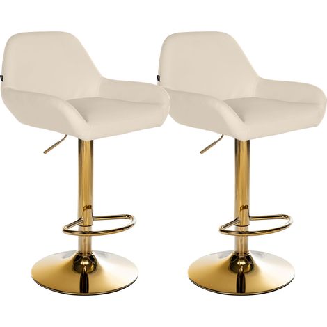 Juego de 2 taburetes de bar con reposapiés en forma de arco en metal dorado, asiento de PVC color crema TDB10801