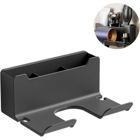 Support pour sèche-cheveux - Accessoires de salle de bain - Étagère - Boîte de rangement à 3 compartiments - Convient pour salle de bain/salon/hôtel - Plastique - Noir (1/5)
