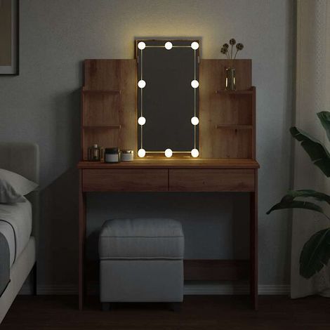 Coiffeuse avec Miroir LED Intégré, Meuble de Toilette en Chêne Massif Artisanal, Table de Maquillage avec Rangement, 96x40x142 cm (1/5)