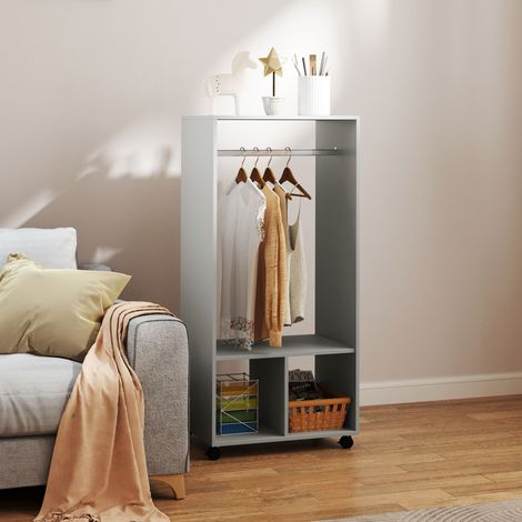 Armoire penderie mobile gris 60 x 40 x 128 cm sur 4 roulettes pivotantes, 2 niches de rangement et tringle de suspension pour vêtements de chambre (1/5)