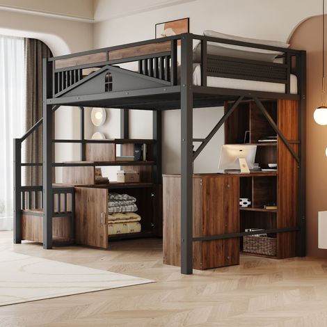 Lit Mezzanine métal 140x200 avec Casier, Lit Superposé Enfant 2 Places avec Rangements et rambarde de sécurité et escalier, Lit en Hauteur, Noir (1/5)