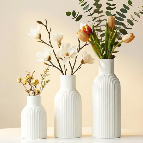 Lot de 3 Vases en Céramique Blanche Vase Iconique pour Pampas et Fleurs Séchées Design Scandinave en Blanc Pur (1/5)