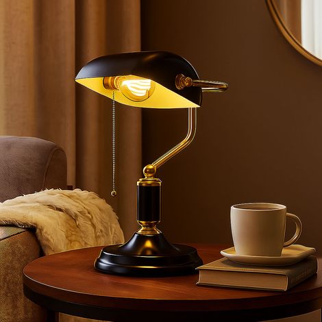 Bankerlampe Tischleuchte anthrazit gold Leselampe Schreibtischleuchte Glas Wohnzimmerlampe, Metall, 1x E27, LxBxH 26,5x18x 34 cm