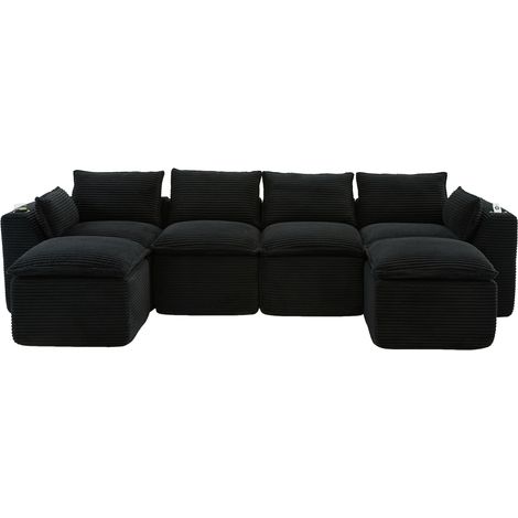 Canapé modulaire 4 places avec 2 poufs, coussins, porte-gobelets, 2 poches latérales, mousse/ressorts, à rebond rapide. Modulable librement – idéal pour le salon, les bureaux, etc. (tissu côtelé noir) (1/5)