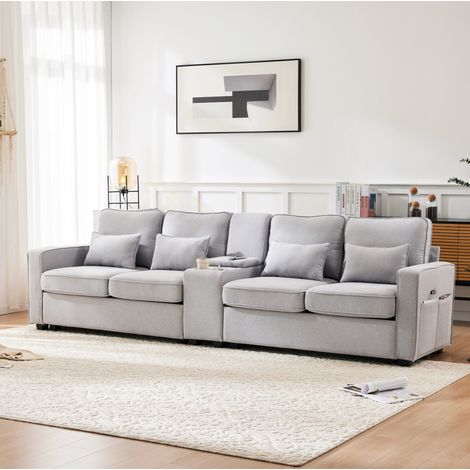 Divano 4 posti 290x83x88 cm grigio in lino con console, portabicchieri, USB e cuscini (1/5)