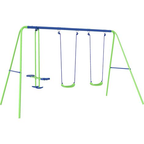 Balançoire portique enfant 3-en-1 avec balancelle duo et 2 sièges suspendus, structure métallique extérieure, hauteur ajustable, poids max 180 kg, dès 3 ans, vert. (1/5)