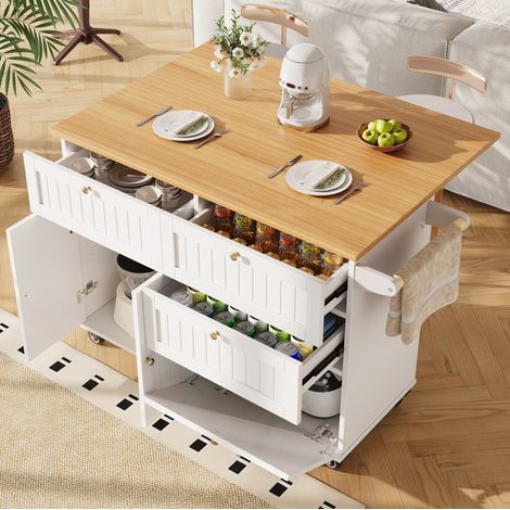Îlot de cuisine 133/37,3/88 cm blanc avec roulettes, rangement et portes pliantes (1/5)