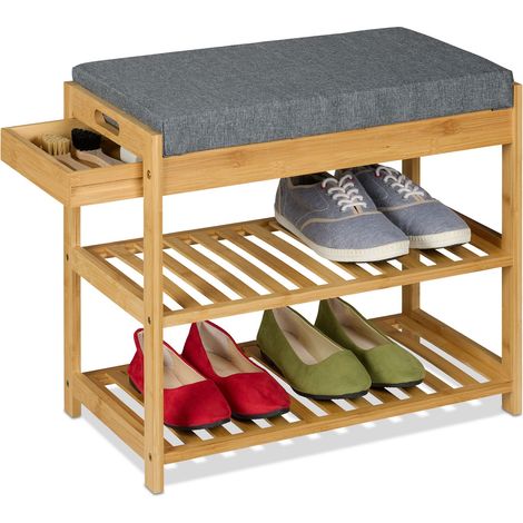 Relaxdays Shoe Bench, Footwear Rack, Padded Seat with Drawer, 2 Tiers, 49 x 55 x 30 cm, Bamboo & Linen, Natural/Grey (1/5)