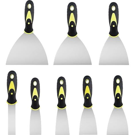 Lot de 8 spatules, spatule de surface, outil de construction à sec, spatule de peinture en acier inoxydable avec manche en plastique, couteau à mastic, spatule, grattoir, couteau à palette, rayures (1 (1/5)