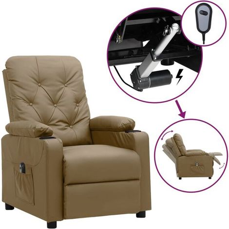Chaise longue électrique réglable en hauteur – Fauteuil relax imitation cuir couleur cappuccino, dossier inclinable et repose-pieds escamotable (1/5)