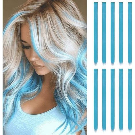 10 Clip-In-Haarverlängerungen, 56 cm lange Echthaar-Extensions, lange, glatte Haarverlängerungen (Seeblau) (1/4)