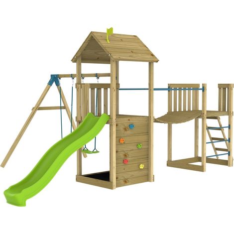 AIre de jeux 2 balançoires, toboggan et pont suspendu - bois FSC® - H270 cm - BRUYÈRE SKYWOOD (1/5)