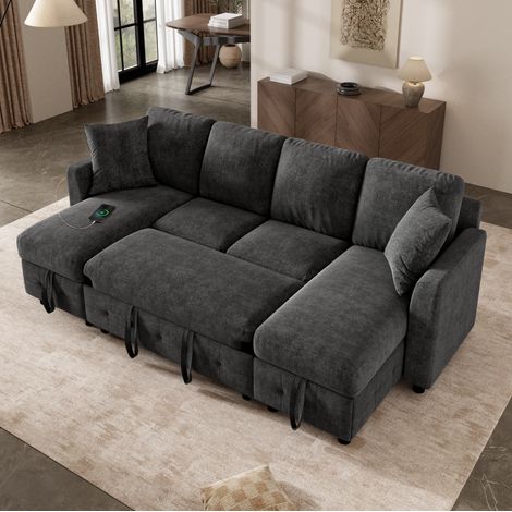 Divano letto a U moderno in ciniglia grigia con contenitore e porte USB Type-C 260x128x82 cm (1/5)