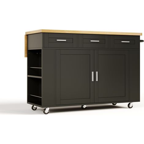 Îlot de cuisine mobile avec plan de travail rabattable, rangement, prises intégrées et roulettes 120×45(70)×84 cm (1/5)