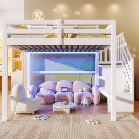 Lit mezzanine enfant 140 x 200 cm avec éclairage LED, escalier avec rangements, blanc HAVRYA (1/5)