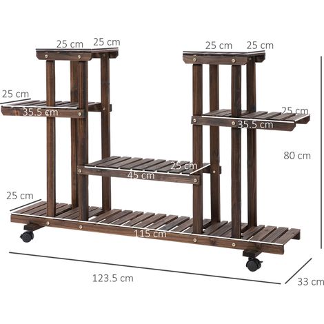 Support à plantes 4 niveaux en bois massif carbonisé 123,5x33x80 cm - Pour jardin et balcon - Étagère fleuriste rustique. (1/5)