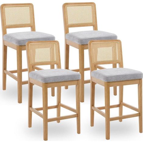 Barhocker 4er Set mit Rattan Rückenlehne und Holzbeinen, grauer Leinenbezug (1/5)