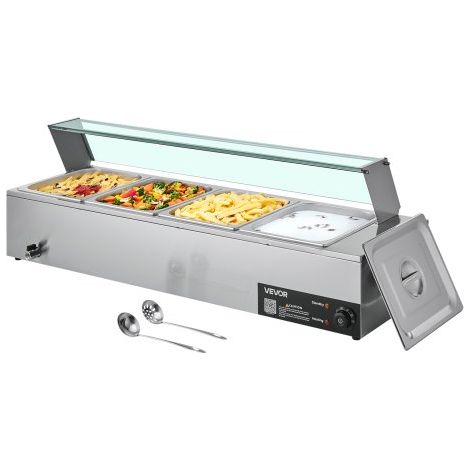 Calentador de Alimentos Eléctrico de Acero Inoxidable 1500 W con Vapor y Cubierta de Vidrio, 4 Bandejas, Baño María con Cucharones, para Restaurantes y Fiestas, 1185 x 365 x 385 mm, Plata (1/5)