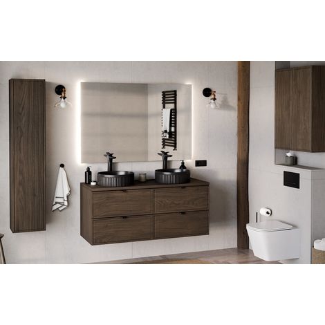 Ensemble complet Salle de Bain 120 cm + Plateau + Double Vasques Noires + Miroir + Colonne + 2 meubles hauts - Caldera Foncé - Livraison gratuite