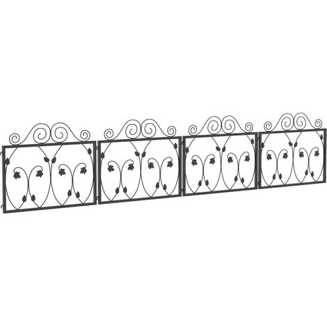 Set of Four 57cm Black Metal Fence Panels with Leaf Scroll Design for Garden Decoration