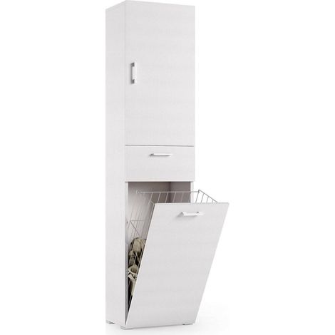 Dmora Armadio multiuso Escolzia, Mobile lavanderia lineare a 2 Ante, Colona da bagno con cestello portabiancheria, 100% Made in Italy, Cm 45x32h195, Bianco, con imballo rinforzato