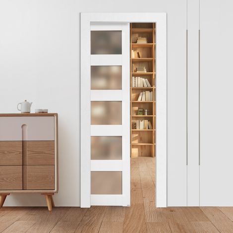 Porte Coulissante Escamotable 203,5x76,5 cm, Simple Porte à Galandage avec 5 Panneaux en Verre Dépoli, Kit de Quincaillerie, Robuste en Bois Massif et MDF, pour Chambre, Cuisine, Bureau (1/5)