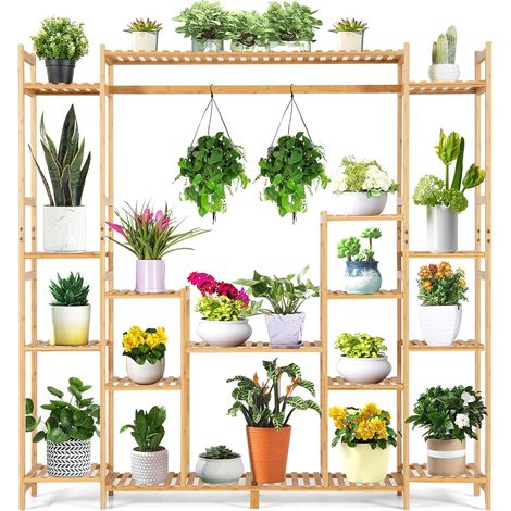 Costway – Support pour plantes en bambou 9 niveaux – Dispositif anti-basculement – Charge étagère 10 kg – Convient intérieur/extérieur – Assemblage facile (1/5)