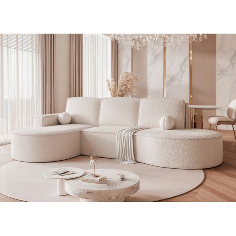 Canapé d'angle Gauche SOFIA - 4 places - Canape Convertible avec Coffre - Tissu Bouclé texturé - Blanc (1/5)