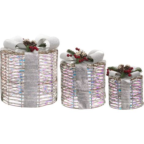 Lot de 3 Cadeaux de Noël Décoratifs LED avec Nœud pour Intérieur Accessoires Lumineux Argenté Julso (1/5)
