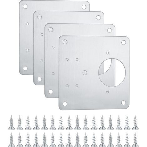 Juego de 4 soportes de bisagra de acero inoxidable con agujeros, herrajes para armarios de cocina y puertas, bisagras planas, placas de reparación, 32 tornillos (1/5)