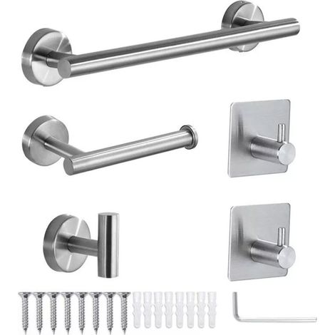 Ensemble Salle De Bain 5 Pièces Porte Serviettes Porte Papier Crochet Adhésif Multifonction Argent (1/4)