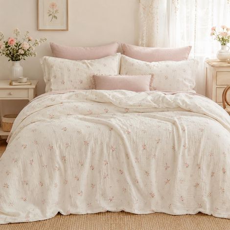 Parure de lit en mousseline 200 x 200 cm - Fleurs blanches et roses - Parure de lit en coton - Parure de lit douillette - Housse de couette et 2 taies d'oreiller 80 x 80 (1/5)