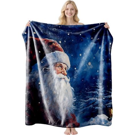 150x200 cm Christmas plaid, soft and festive, printed with a blue starry sky, white snowflakes, and Santa Claus. (1/5)