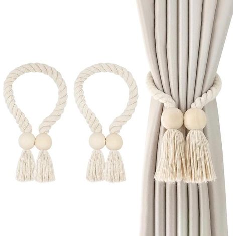2 soportes magnéticos para cinta de cortina - Cordón de cortina tejido a mano, estilo bohemio, algodón natural - Beige
