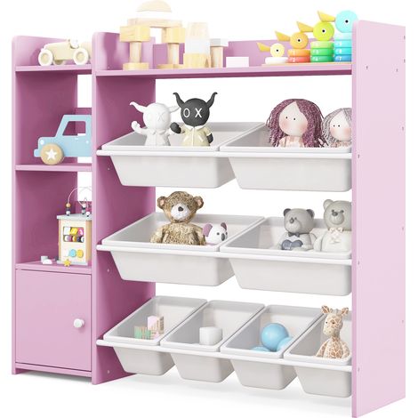 COSTWAY Kids Bookshelf Toy Storage Organizer w/ 8 Storage Boxes-Pink (1/5)