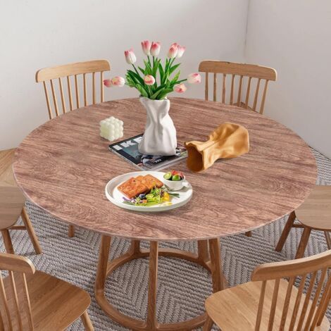 Nappe de table ronde, lavable avec élastique, résistante aux intempéries, idéale pour 90 à 110 cm, marron grain de bois (1/5)