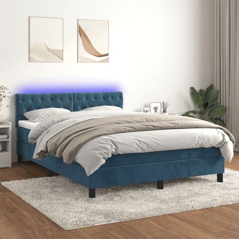 Lit Adulte - Sommier tapissier matelas et LED - Ensemble de lit tapissier - Chambre Intérieur - Bleu foncé 140x200 cm Velours XEJZT204694 (1/5)
