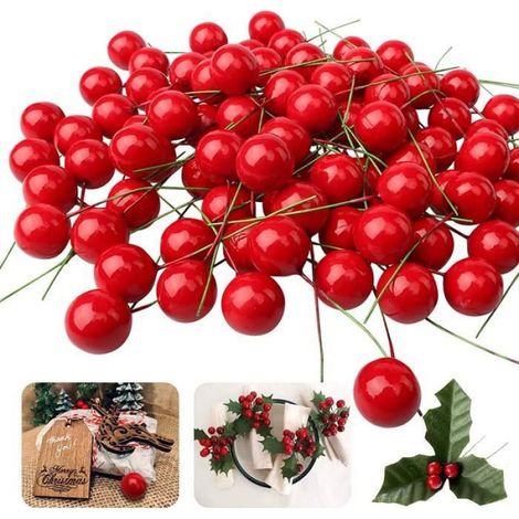 200 Baies de houx, Mousse rouge 6x1cm, Décoration arbre Noël, Guirlande mariage, Fête (1/4)