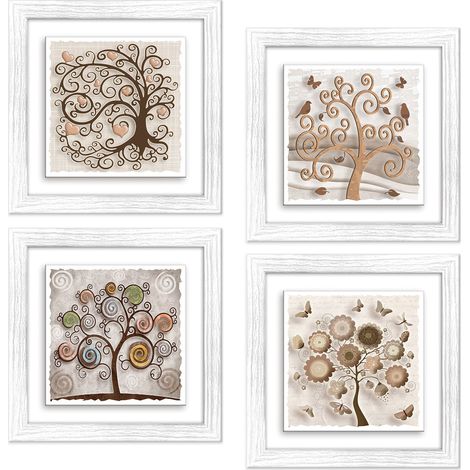 Lupia - Set 4 Quadri Albero della Vita su Ceramica TREE, Cornice Modern Shabby in Legno Bianca, Decorazione Moderna, Vivaci e Profondi, per Camera, Soggiorno, Ufficio, 18x18 cm o 29x29 cm 18x18 cm (1/4)