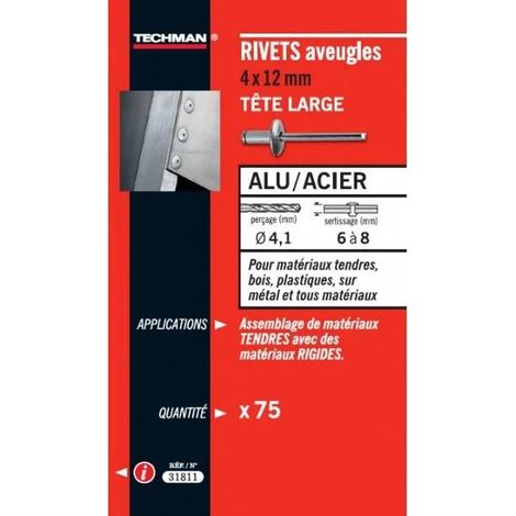 Remache Techman alu acero cabeza ancha 4.8 mm 30 mm