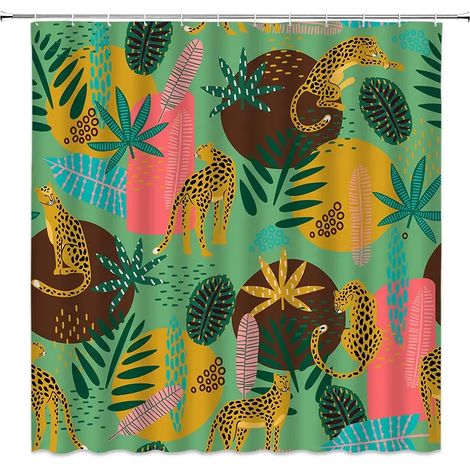 Rideau de douche bohème à motif guépard, rideau de bain léopard tropical, rideau de salle de bain rose moderne à fleurs bleues et phases de lune, 200 x 180 cm - 78 x 70 pouces