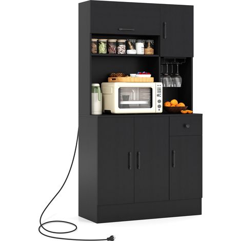 Armoire de Cuisine H.167 cm avec Clapier et Prises de Courant, Buffet Autoportant avec Support a Verres à Pied, Tiroir, Etagères Réglables, Noir (1/5)