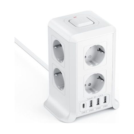 Multipresa con interruttore - 8 prese di corrente e 4 porte USB - adatta per uffici e soggiorni - cavo da 2 metri, colore bianco. (1/4)