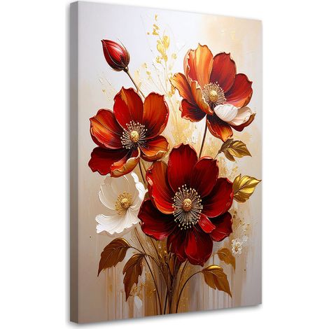 Tableau Moderne, Fleurs rouges et blanches dans une composition chaude,20x30 (1/4)