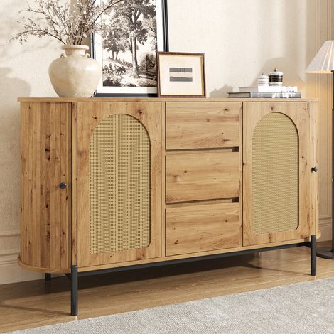 Buffet ovale en rotin, portes coulissantes, tiroirs et étagères réglables, aspect bois, pieds métalliques, armoire de rangement multifonctionnelle (1/5)