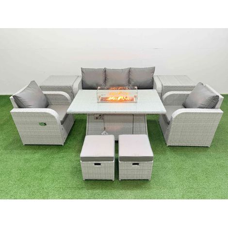 Fimous PE Rattan Garden Furniture Set Reclining Chair Sofa Lounge Sofa Set Firepit Dining Table 2 Side Table 2 Small Stools Light Grey (1/5)