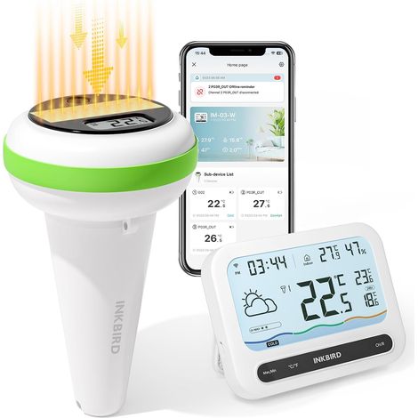 Thermomètre Piscine WiFi Solaire Combinaison Multifonctionnel Moniteur Intérieur, Info Météo, Alarmes Intelligentes App, Étanche IP68, Spa Bain Aquarium (1/5)